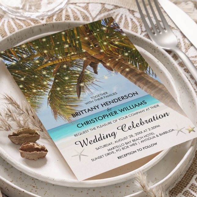 Convite Casamento Elegante na Praia | Luzes de Corda Palme (Criador carregado)