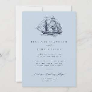 Convite Casamento Elegante Naval Navio Azul Poeirento