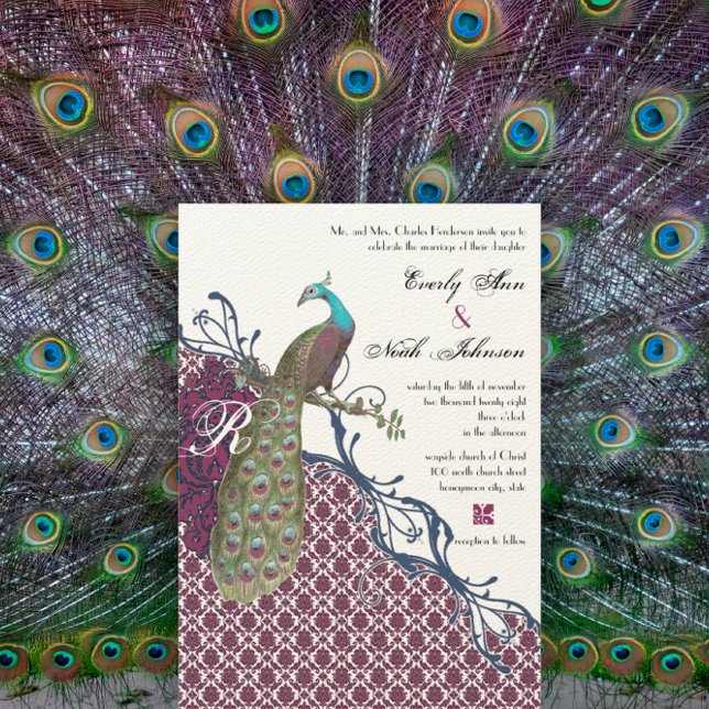 Convite Casamento Elegante Navy & Berry Berry Damask Pavão (Criador carregado)