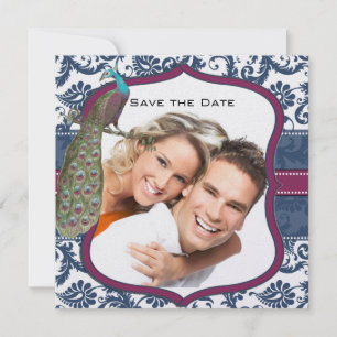 Convite Casamento Elegante Navy & Berry Berry Damask Pavão