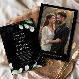 Convite Casamento Elegante Negra Eucalyptus Foto Greenery