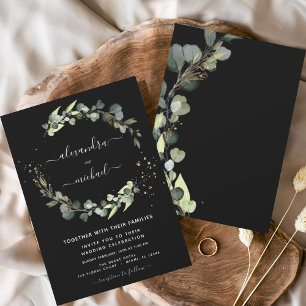 Convite Casamento Elegante Negra Eucalyptus Greenery