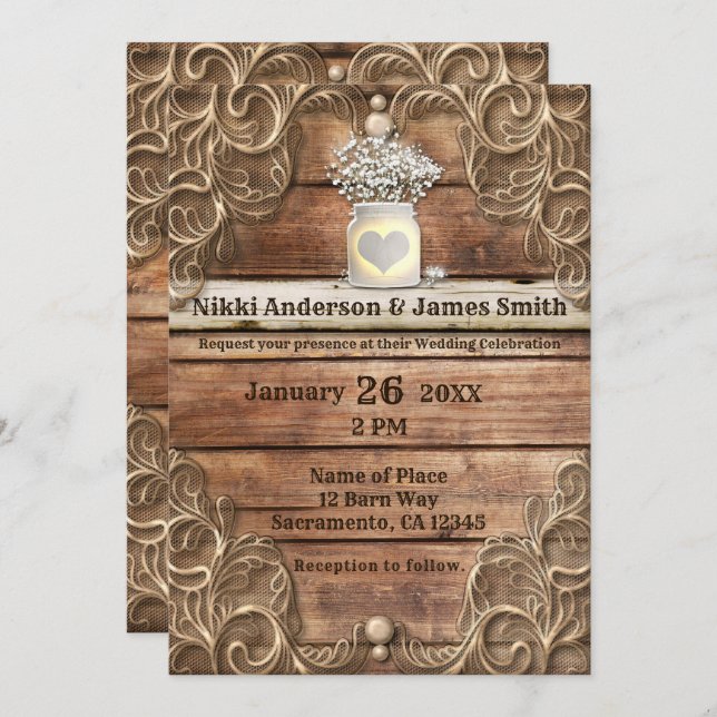 Convite Casamento Elegante Ocidental de Lace Wood Rustic V (Frente/Verso)