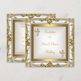 Convite Casamento Elegante Ornado Floral Branco Dourado