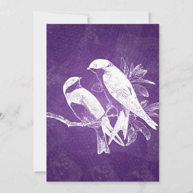 Convite Casamento Elegante Pássaros do Amor Roxo (Frente)