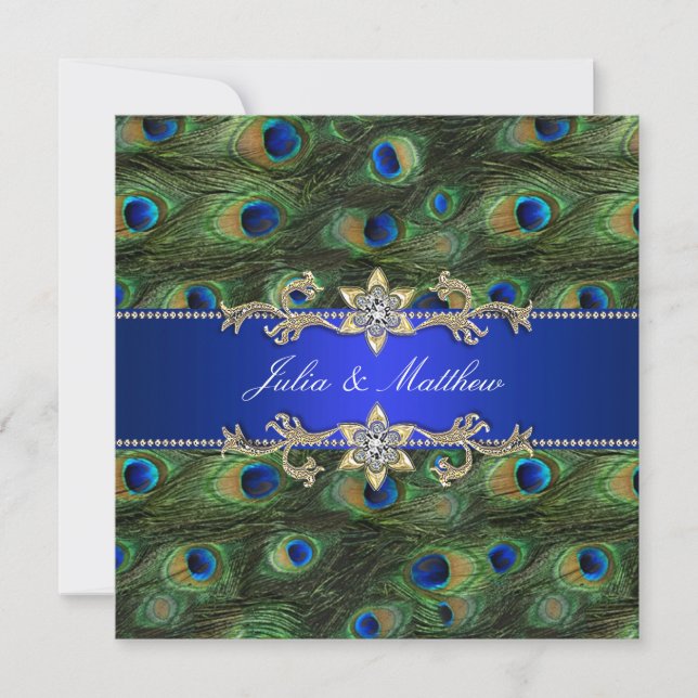 Convite Casamento Elegante Pavão Azul Real (Frente)