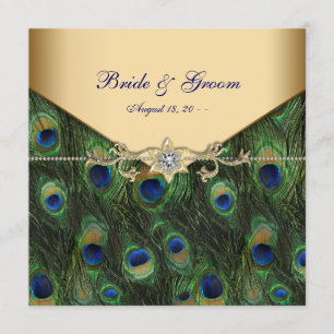 Convite Casamento Elegante Pavão Dourado
