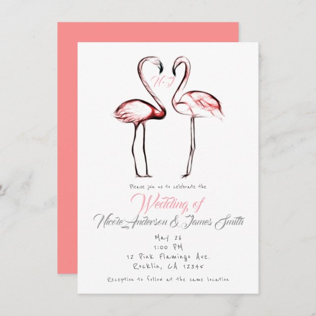 Convite Casamento Elegante Peach Pink Flamingos Flamingo (Frente/Verso)