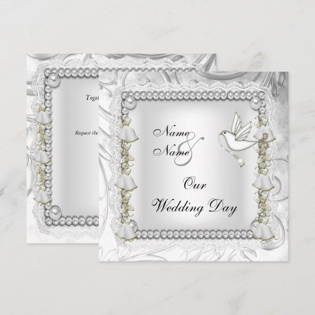 Convite Casamento Elegante Pombo Branco Dourado (Frente/Verso)