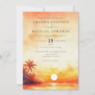 Convite Casamento Elegante Pôr do Sol Laranja Aquarela na
