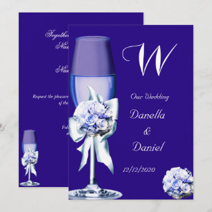 Convite Casamento Elegante Prata Rosa Azul Naval Flores