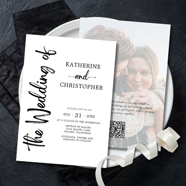 Convite Casamento Elegante Preto-Branco com Foto Script Fo (Formal Script Photo Black White Elegant Wedding Invitation with coordinating wedding stationery.)
