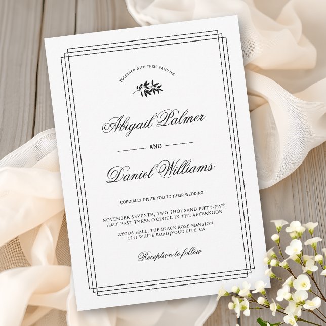 Convite Casamento elegante preto, branco com galho e borda (Criador carregado)
