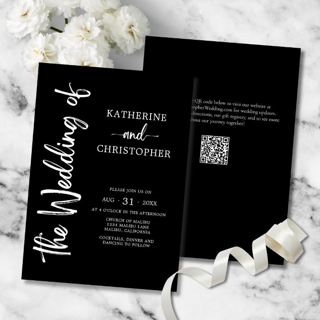 Convite Casamento Elegante Preto-Branco com Script Formal (Elegant Bold Script Black & White Wedding Invitation with vertical calligraphy, QR code.)