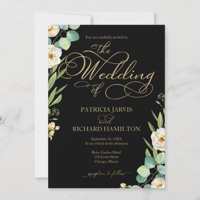 Convite Casamento Elegante Preto Dourado Folha de Script V (Frente)