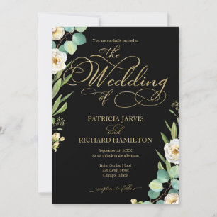 Convite Casamento Elegante Preto Dourado Folha de Script V