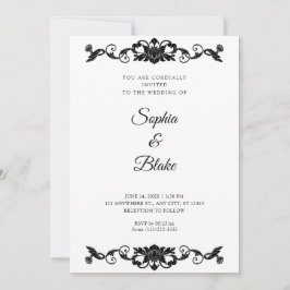 Convite Casamento Elegante Preto e Branco com Arte Floral