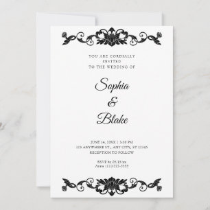 Convite Casamento Elegante Preto e Branco com Arte Floral
