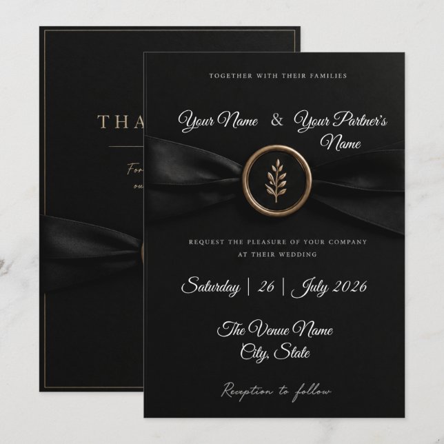 Convite Casamento Elegante Preto e Branco e Clássico Doura (Frente/Verso)