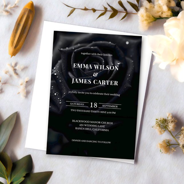 Convite Casamento Elegante Preto e Branco Floral Midnight  (Criador carregado)