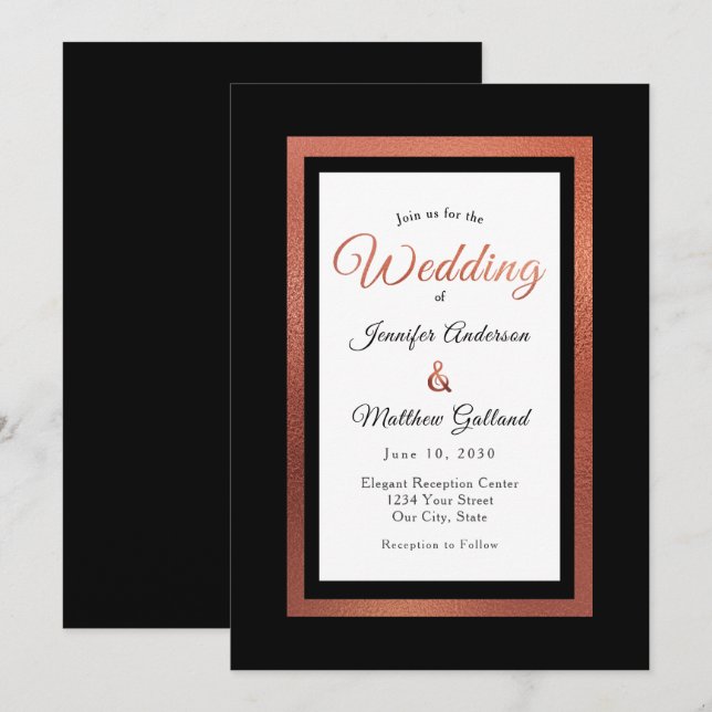 Convite Casamento Elegante Preto e Cobre Moderno (Frente/Verso)