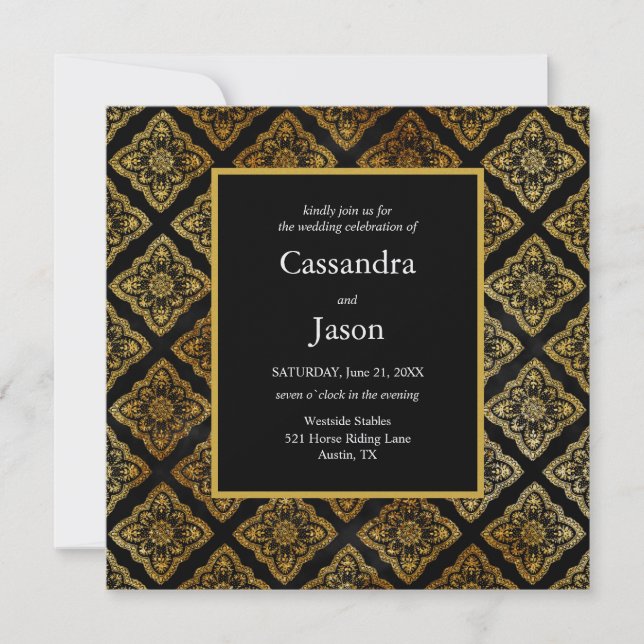 Convite Casamento Elegante Preto e Dourado (Frente)