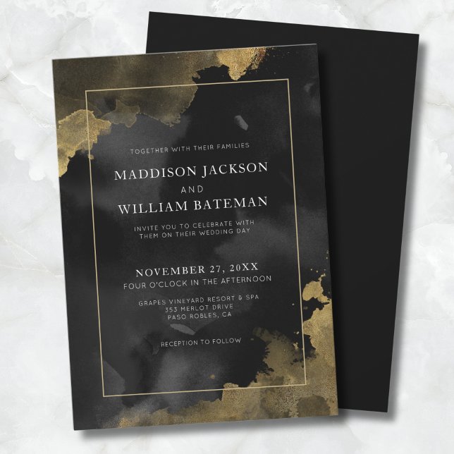 Convite Casamento Elegante Preto e Dourado (Elegant Watercolor Black Gold Wedding Invitation)