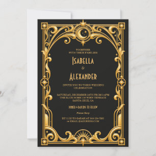 Convite Casamento Elegante Preto e Dourado Art Déco dos An