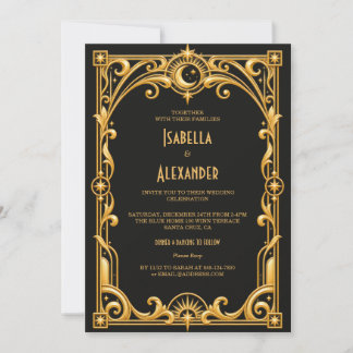 Convite Casamento Elegante Preto e Dourado Art Déco dos An