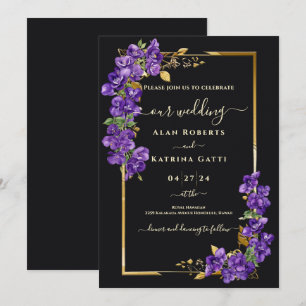 Convite Casamento Elegante Preto e Dourado com Violetas Ro