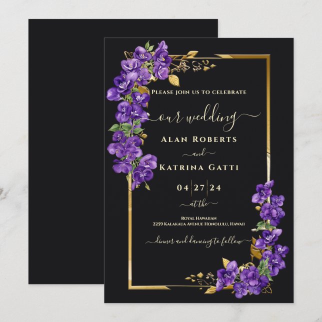 Convite Casamento Elegante Preto e Dourado com Violetas Ro (Frente/Verso)