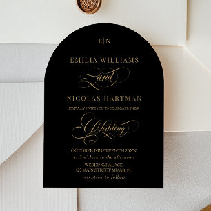 Convite Casamento Elegante Preto e Dourado Monograma
