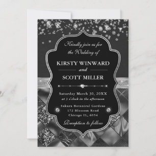 Convite Casamento Elegante Preto e Prata com Diamantes