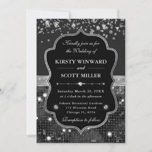 Convite Casamento Elegante Preto e Prata com Diamantes