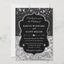 Convite Casamento Elegante Preto e Prata com Diamantes
