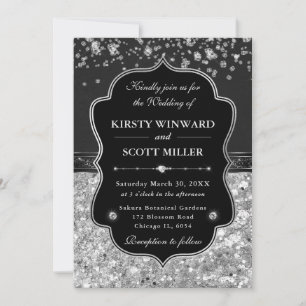 Convite Casamento Elegante Preto e Prata com Diamantes