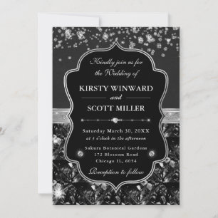Convite Casamento Elegante Preto e Prata com Diamantes