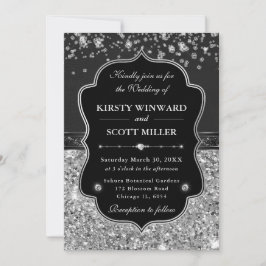 Convite Casamento Elegante Preto e Prata com Diamantes