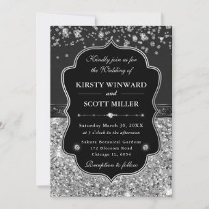 Convite Casamento Elegante Preto e Prata com Diamantes