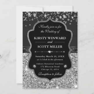 Convite Casamento Elegante Preto e Prata com Diamantes