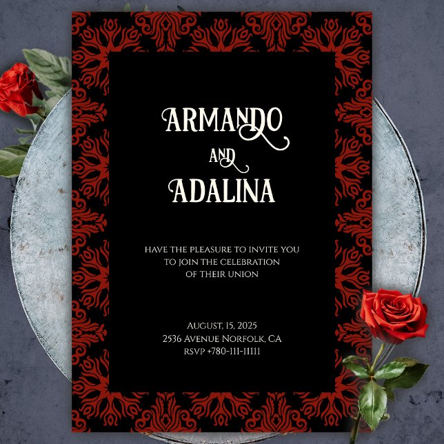 Convite Casamento Elegante Preto e Vermelho Floral Gótico  (Gothic Red and Black Wedding Invitation)