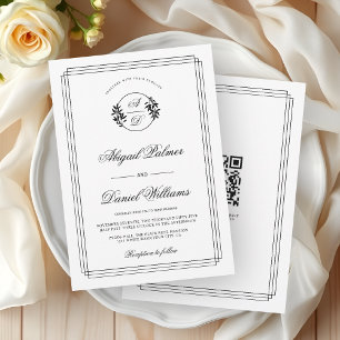 Convite Casamento elegante preto, ramo branco e código QR