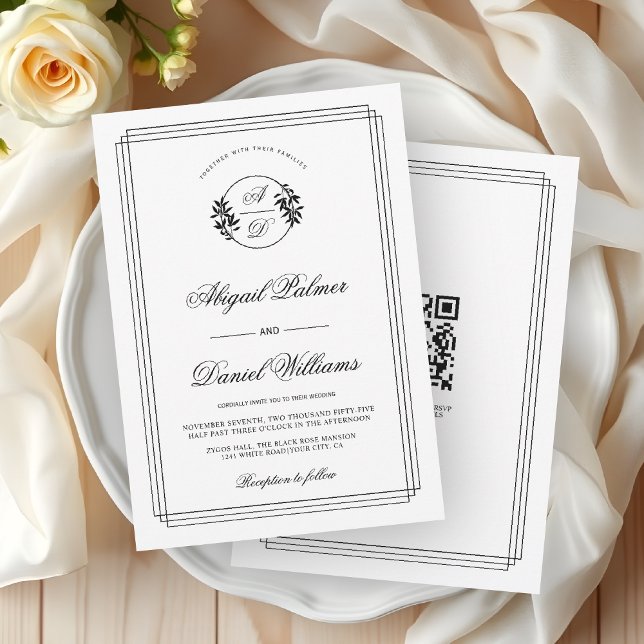 Convite Casamento elegante preto, ramo branco e código QR (Criador carregado)