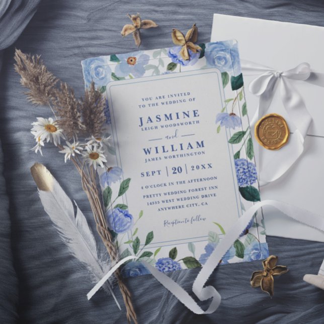 Convite Casamento Elegante QR Code Aquarela Floral Azul (Criador carregado)