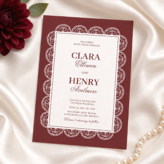 Convite Casamento Elegante Quadro de Renda Borgonha