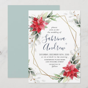 Convite Casamento Elegante Red Poinsettia Winter Greenery