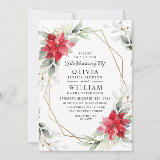 Convite Casamento Elegante Red Poinsettia Winter Greenery