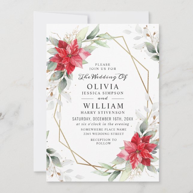 Convite Casamento Elegante Red Poinsettia Winter Greenery (Frente)