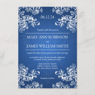 Convite Casamento Elegante Redemoinhos Vintage 2 Azul Safi