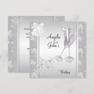 Convite Casamento Elegante Renda Branca Prata Floral
